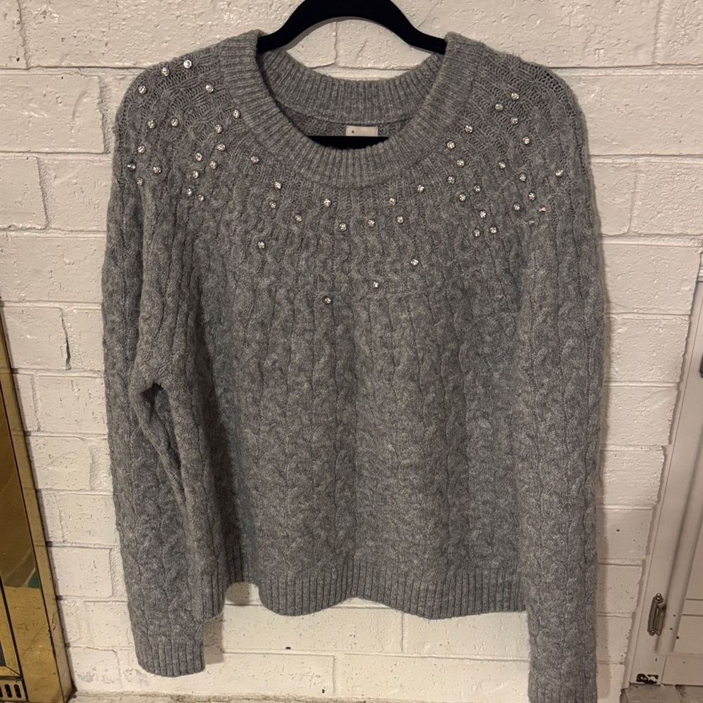 a new day Gray Cable-Knit Crewneck Sweater with Bead Embellishment